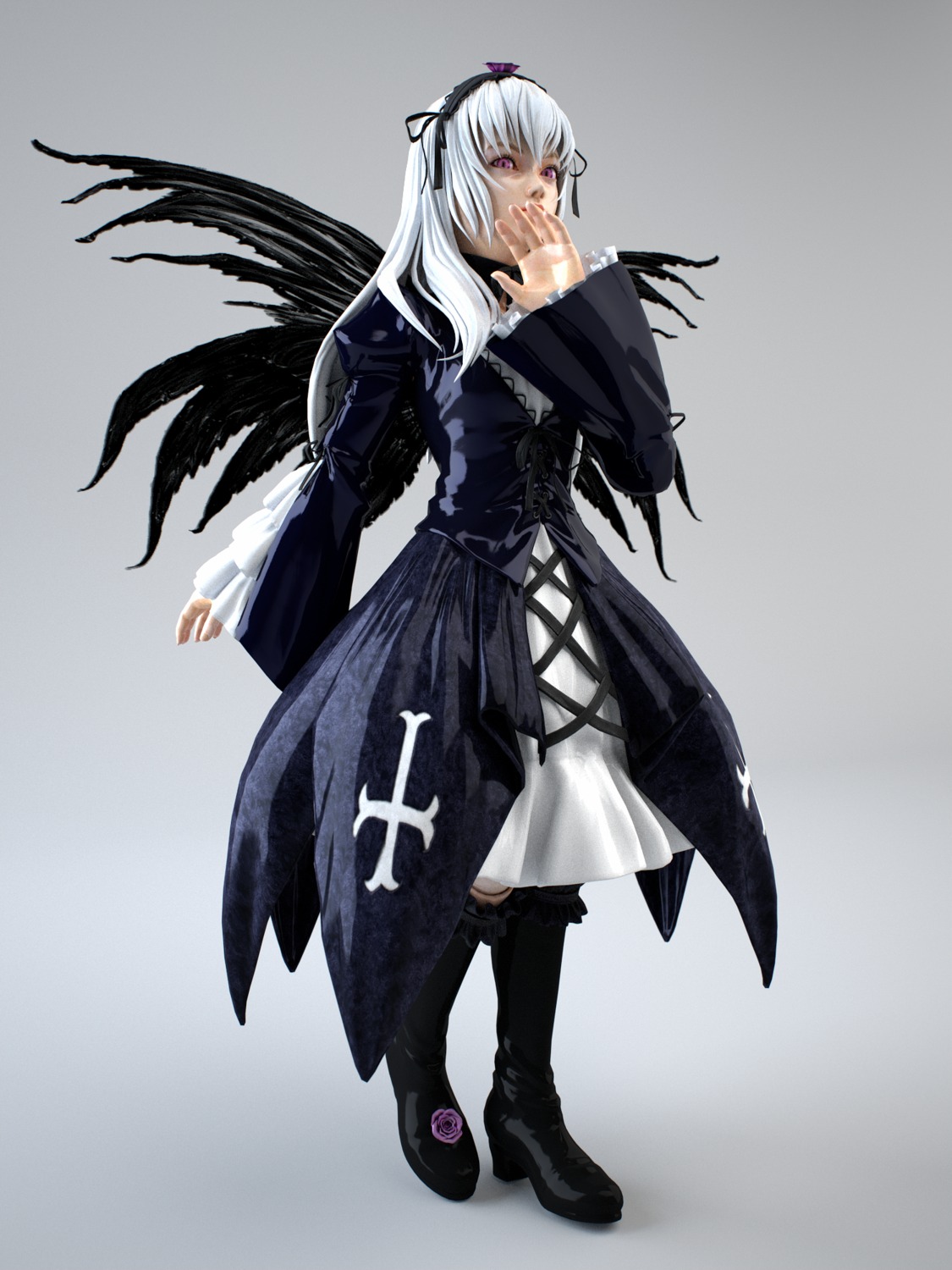 1girl black_footwear boots dress frills full_body gradient gradient_background grey_background hairband hand_to_own_mouth image long_hair long_sleeves looking_at_viewer pink_eyes silver_hair solo standing suigintou wings