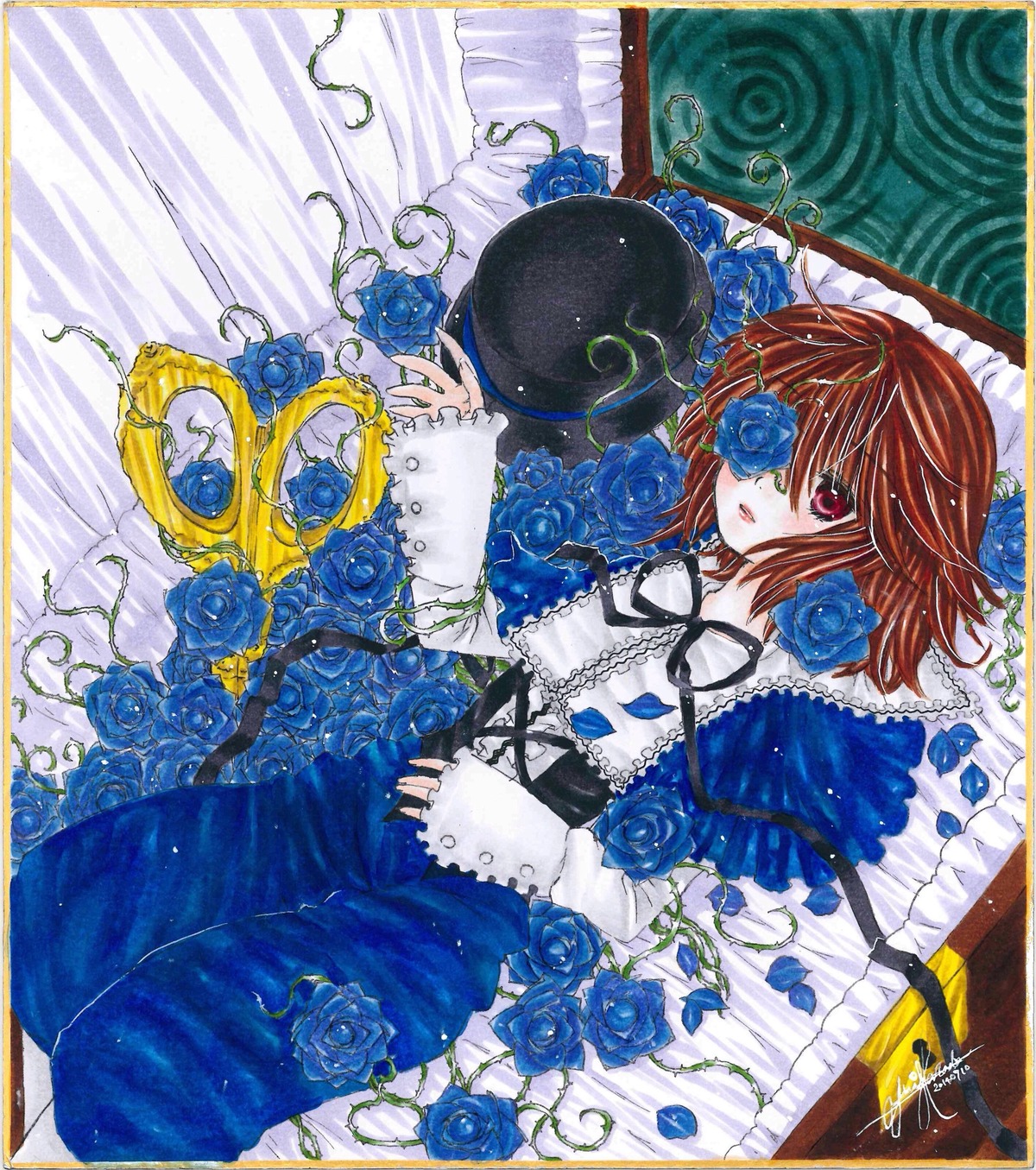 1girl blue_flower blue_rose costume_switch eyepatch flower image marker_(medium) purple_rose red_eyes rose signature solo traditional_media yellow_flower yellow_rose