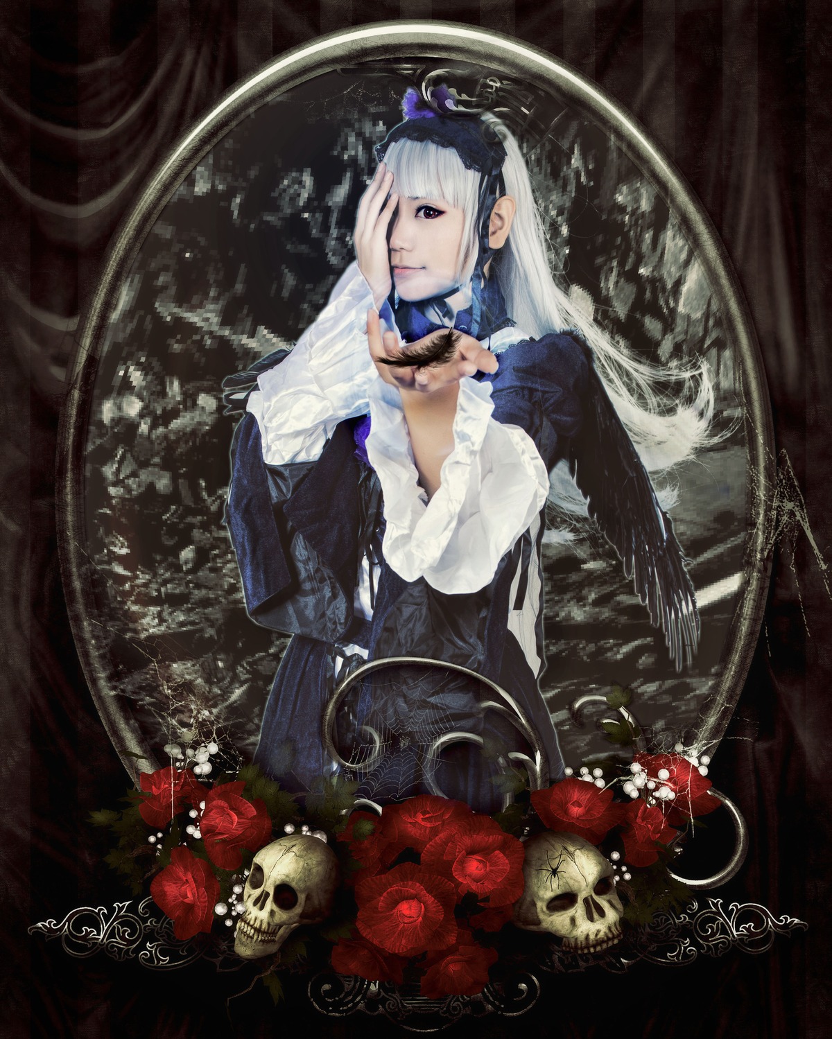 1girl dress flower frills long_hair red_flower red_rose rose skull solo suigintou white_hair