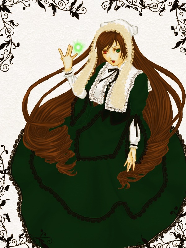 1girl :d brown_hair dress drill_hair frills green_dress green_eyes head_scarf heterochromia image long_hair long_sleeves looking_at_viewer open_mouth red_eyes smile solo suiseiseki twin_drills twintails very_long_hair