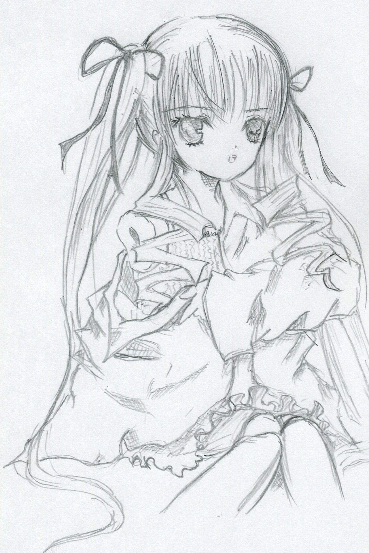 1boy 1girl auto_tagged frills greyscale hair_ribbon image long_hair long_sleeves looking_at_viewer monochrome ribbon shinku sketch solo traditional_media twintails very_long_hair