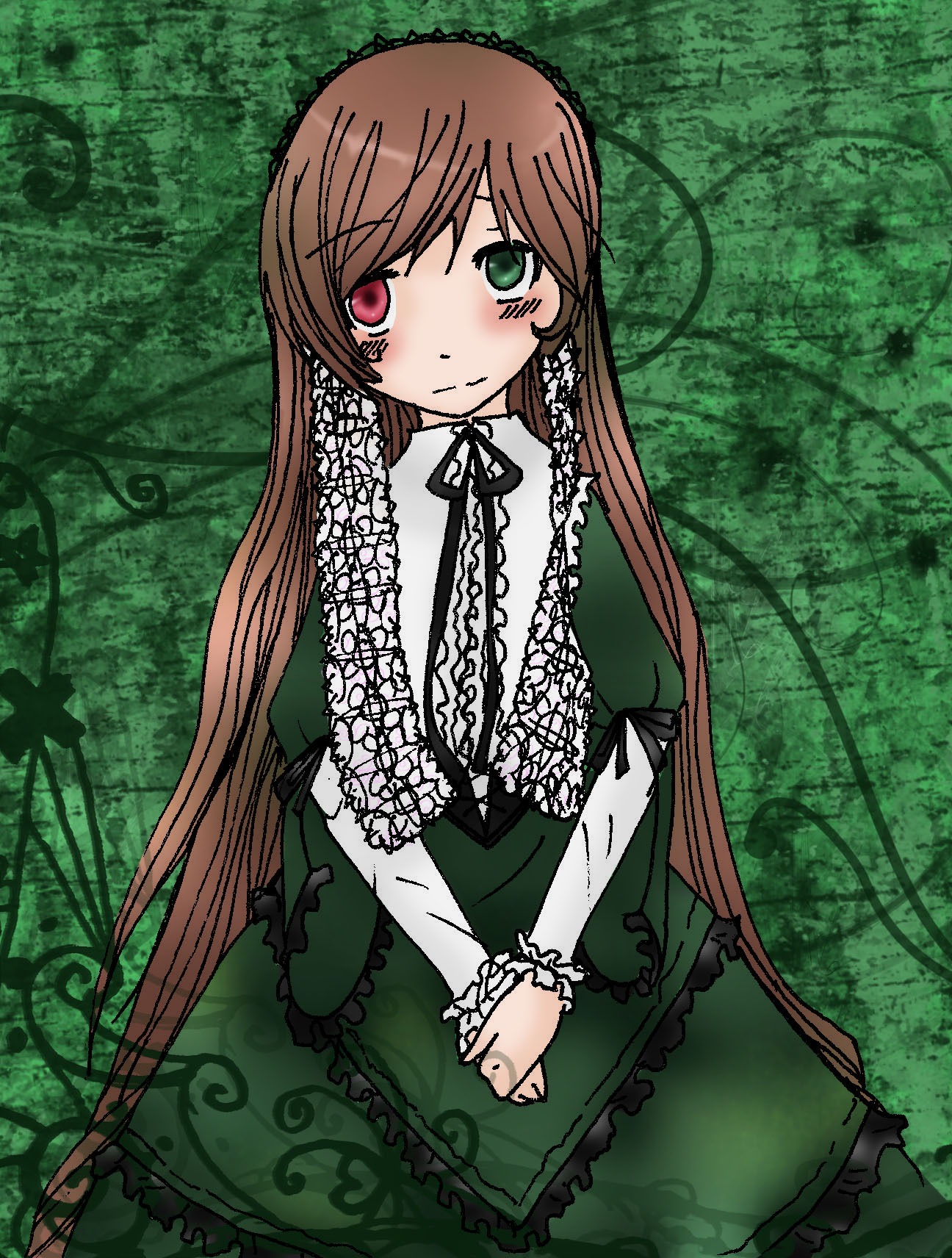 1girl blush brown_hair dress frills green_dress green_eyes heterochromia image long_hair long_sleeves looking_at_viewer red_eyes solo suiseiseki v_arms very_long_hair