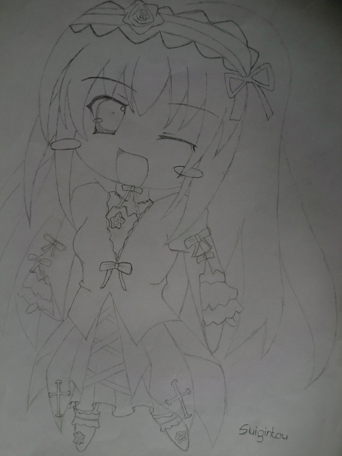 1girl chibi dress greyscale image long_hair monochrome open_mouth smile solo suigintou traditional_media