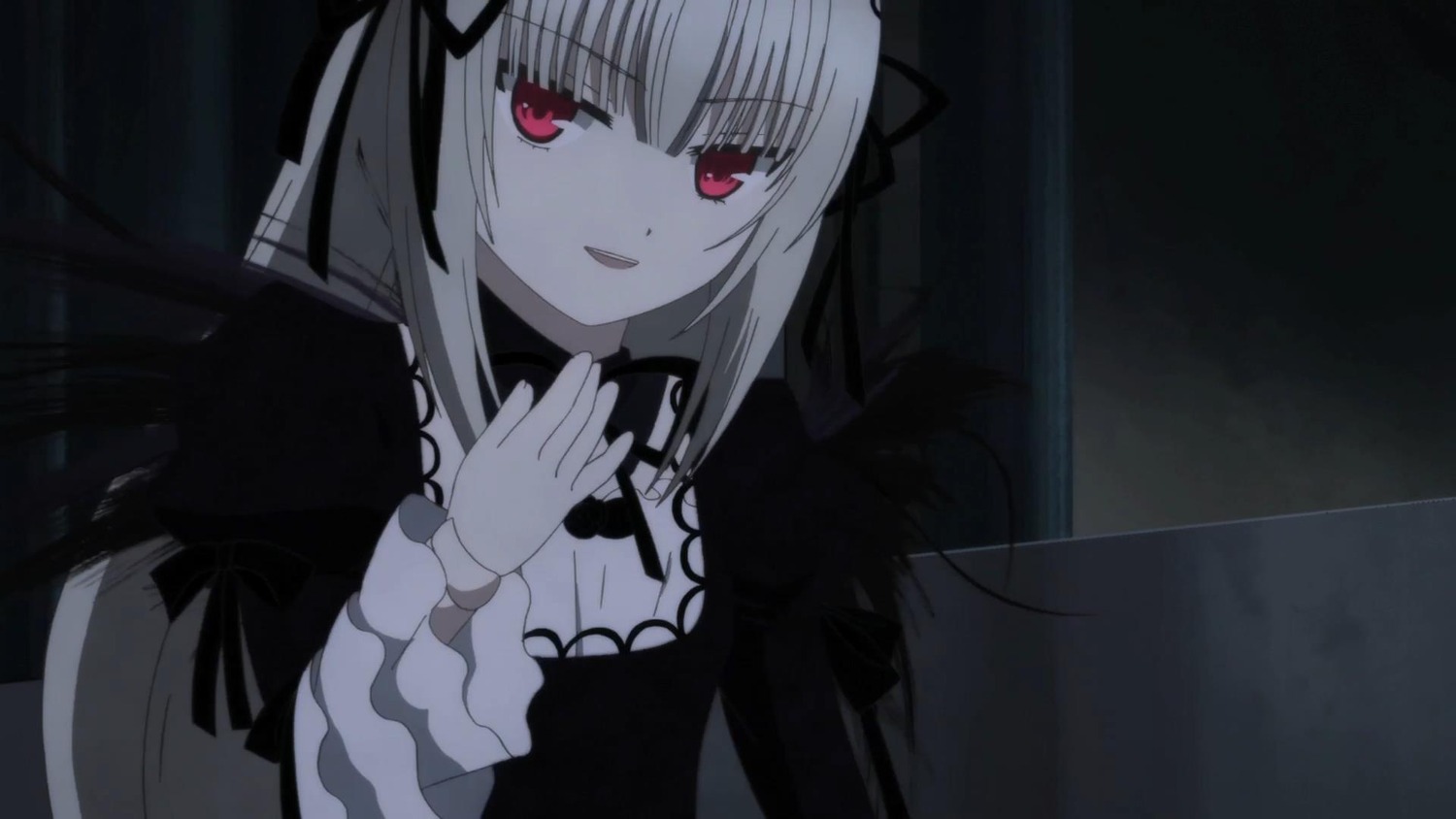 1girl auto_tagged bangs black_dress black_ribbon black_wings breasts cleavage detached_collar dress eyebrows_visible_through_hair hair_ribbon image long_hair long_sleeves looking_at_viewer open_mouth red_eyes ribbon smile solo suigintou upper_body