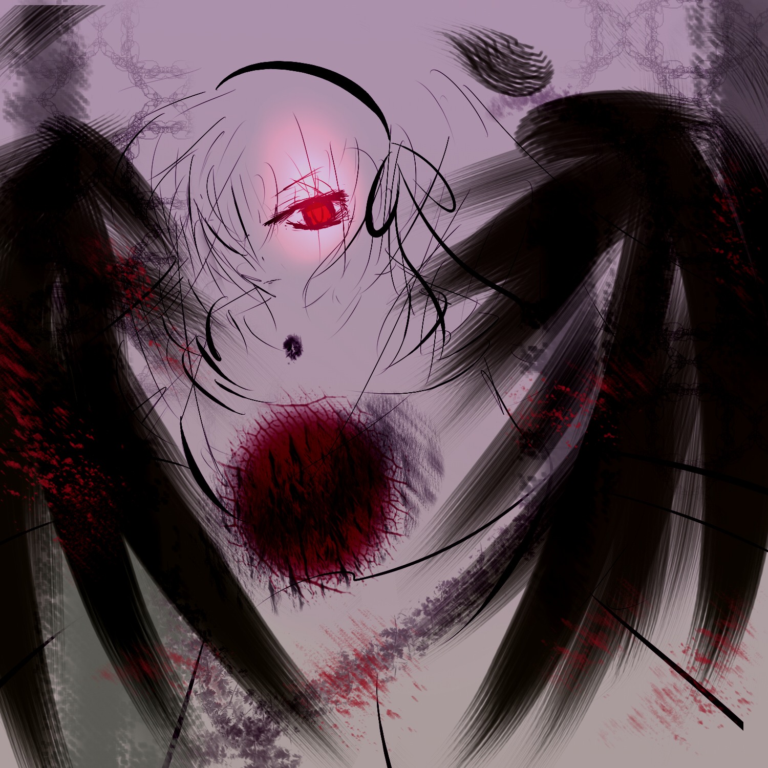 1girl blood blood_on_face blood_splatter eyebrows_visible_through_hair image looking_at_viewer monochrome red_eyes solo suigintou