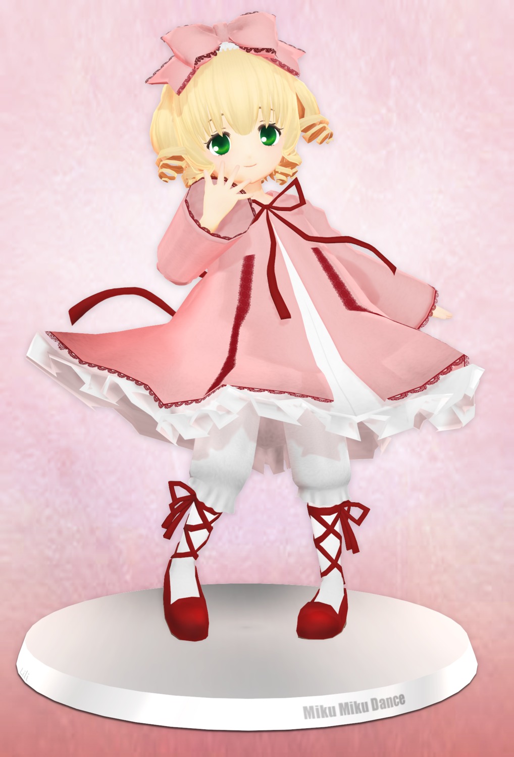 1girl blonde_hair bloomers bow dress frills full_body green_eyes hina_ichigo hinaichigo image long_sleeves looking_at_viewer pink_bow pink_dress puffy_sleeves red_footwear ribbon shoes short_hair smile solo standing underwear white_bloomers white_legwear