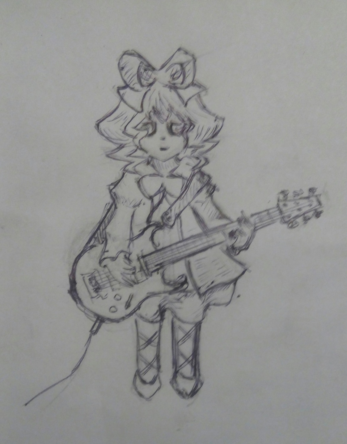 1girl bass_guitar breasts dress electric_guitar guitar hinaichigo image instrument microphone microphone_stand monochrome music photo playing_instrument plectrum short_hair sketch solo traditional_media