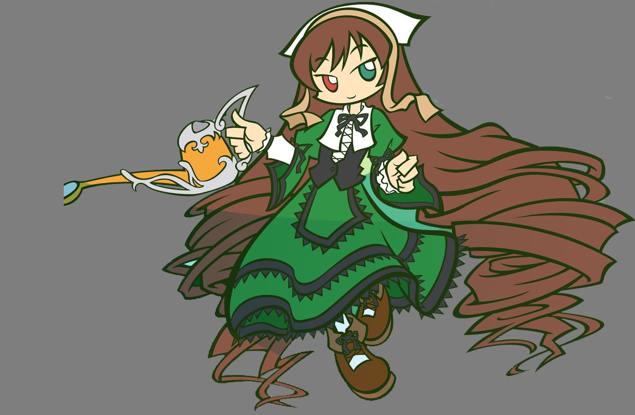 1girl brown_hair dress frills full_body green_dress green_eyes hairband heterochromia image long_hair long_sleeves red_eyes simple_background solo standing suiseiseki very_long_hair watering_can white_background