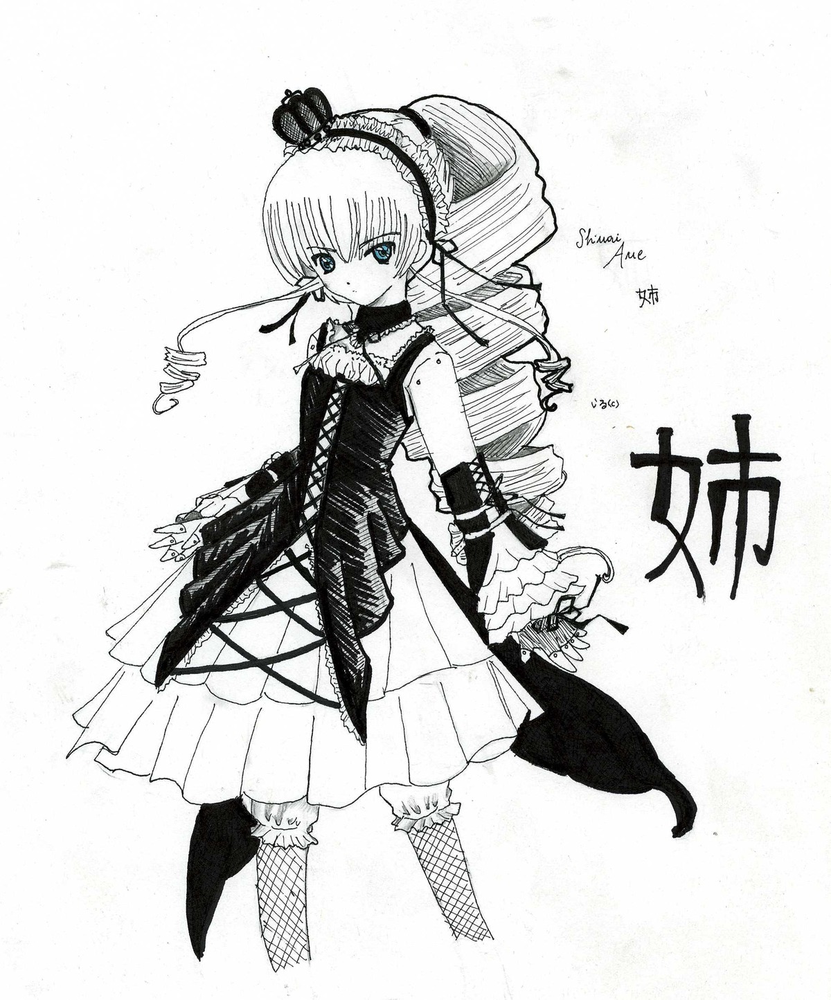 1girl costume_switch dress drill_hair fishnets frills greyscale hat image lolita_fashion long_hair monochrome solo traditional_media twin_drills