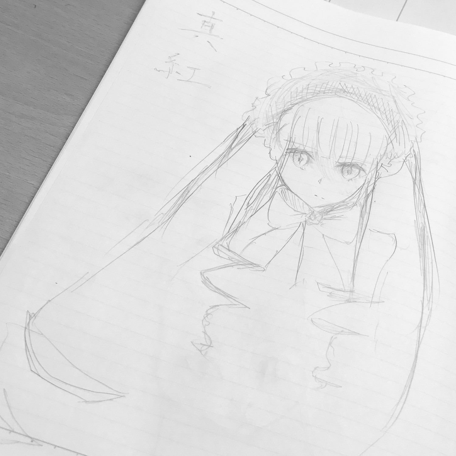 1girl dress frills image long_hair long_sleeves looking_at_viewer monochrome shinku simple_background sketch solo white_background