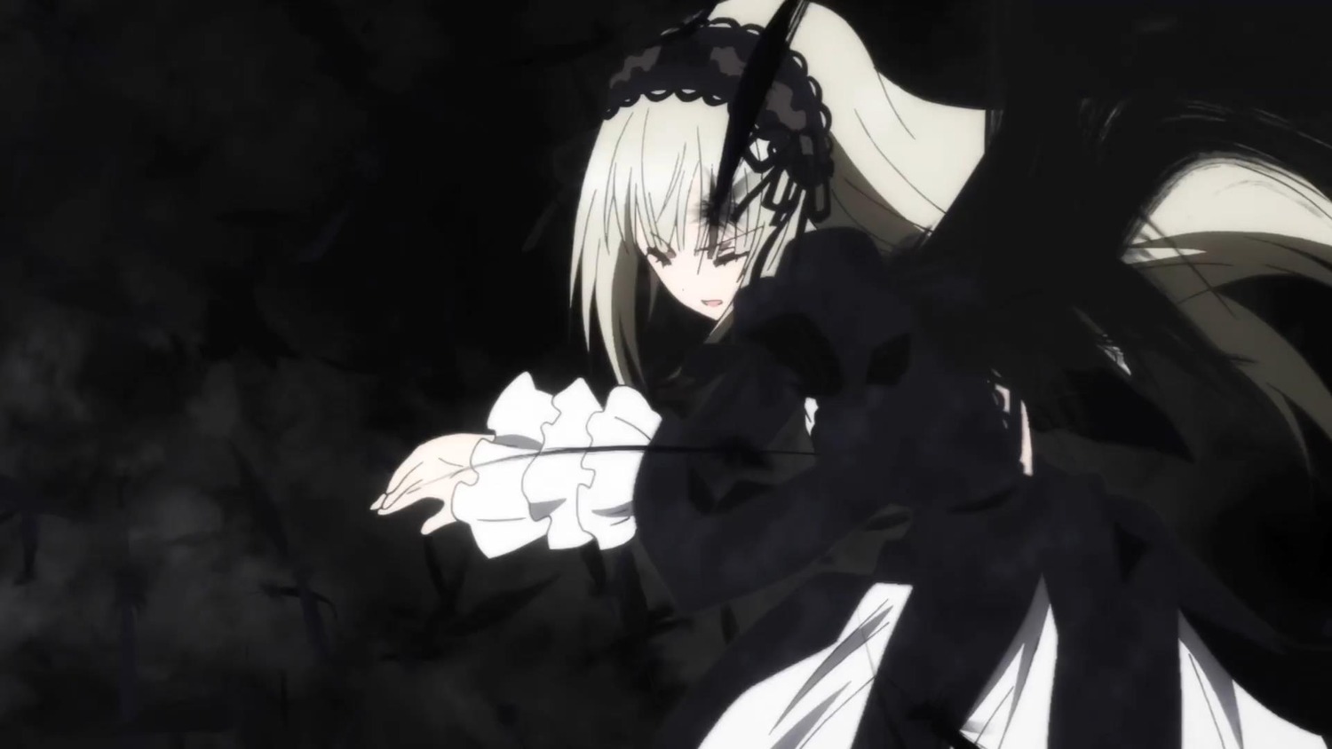 1girl bangs black_dress black_ribbon dress frilled_sleeves frills hairband image long_hair long_sleeves silver_hair solo suigintou very_long_hair wings