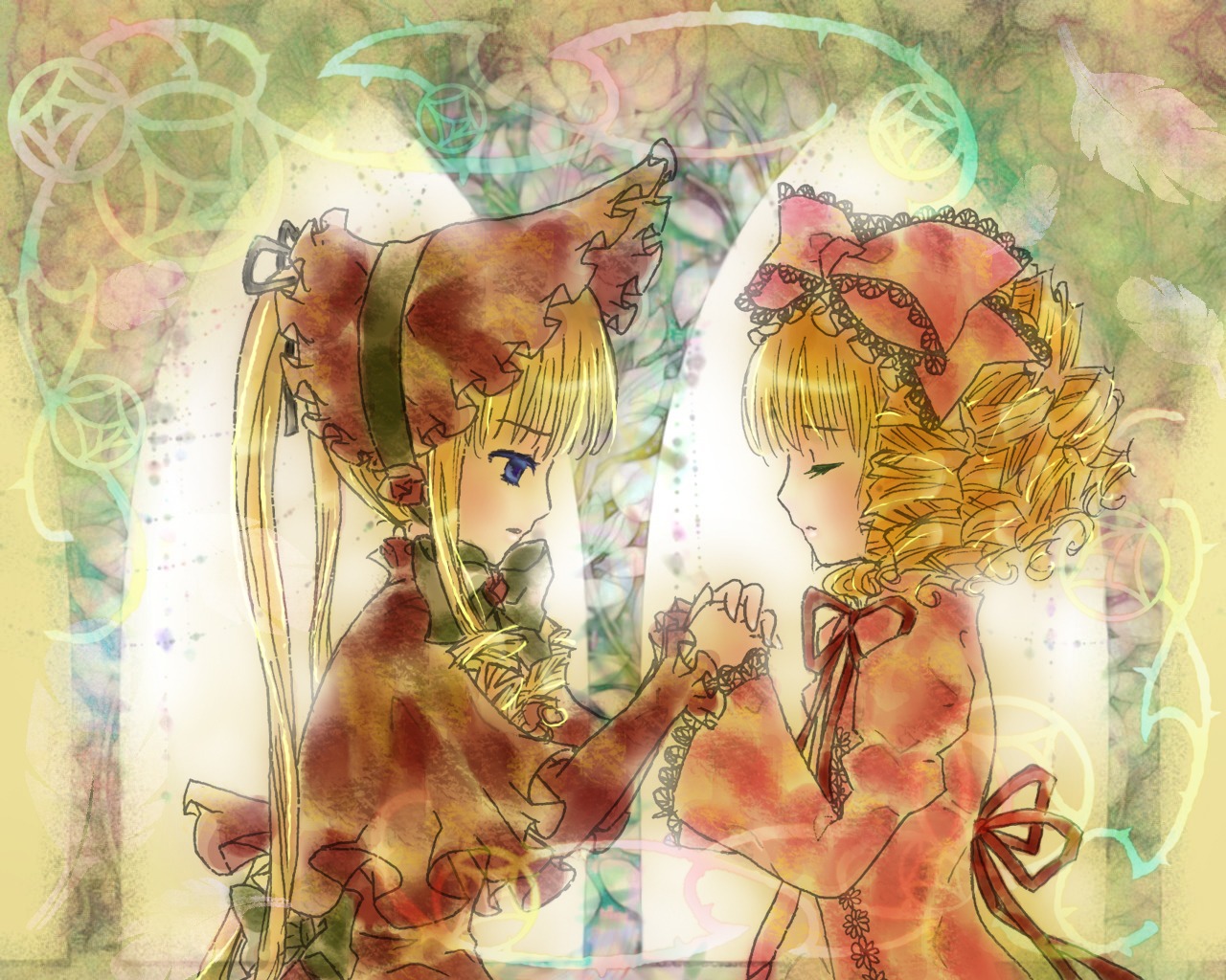 2girls blonde_hair blue_eyes bonnet bow closed_eyes dress drill_hair hinaichigo holding_hands image long_hair long_sleeves multiple_girls pair profile shinku twintails