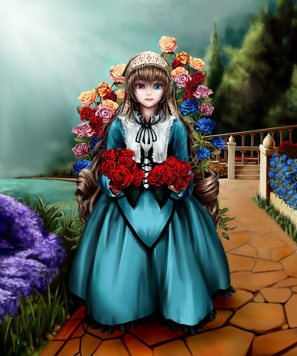 1girl blue_eyes blue_flower blue_rose brown_hair dress flower hat hat_flower heterochromia image long_hair looking_at_viewer pink_flower pink_rose plant red_flower red_rose rose smile solo suiseiseki yellow_flower yellow_rose