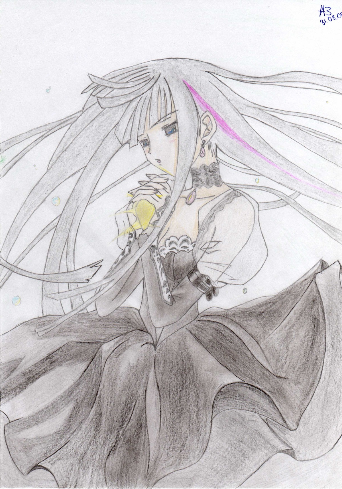 1girl dress earrings elbow_gloves food gloves image jewelry long_hair multicolored_hair solo suigintou traditional_media