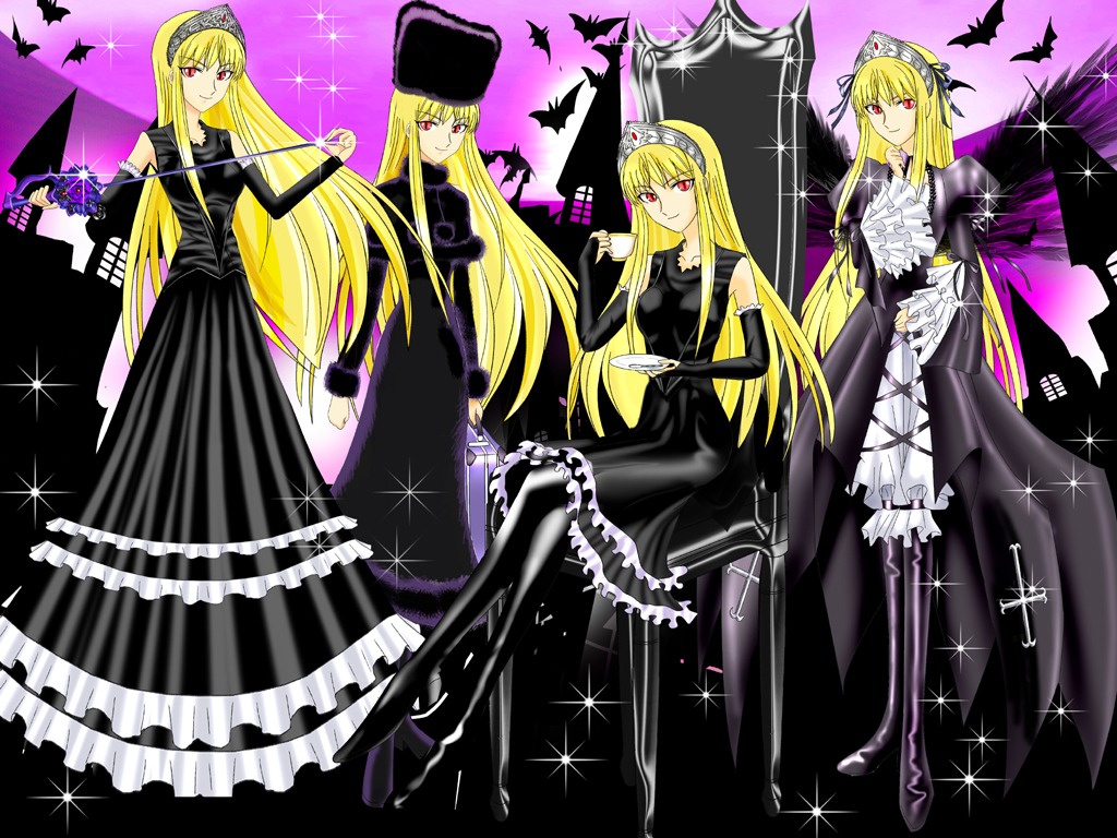 1girl bat black_dress black_footwear black_legwear blonde_hair breasts cross detached_sleeves dress elbow_gloves frills full_body gloves hat holding holding_weapon image long_dress long_hair looking_at_viewer multiple_views nun pantyhose red_eyes smile solo sparkle sparkle_background suigintou weapon