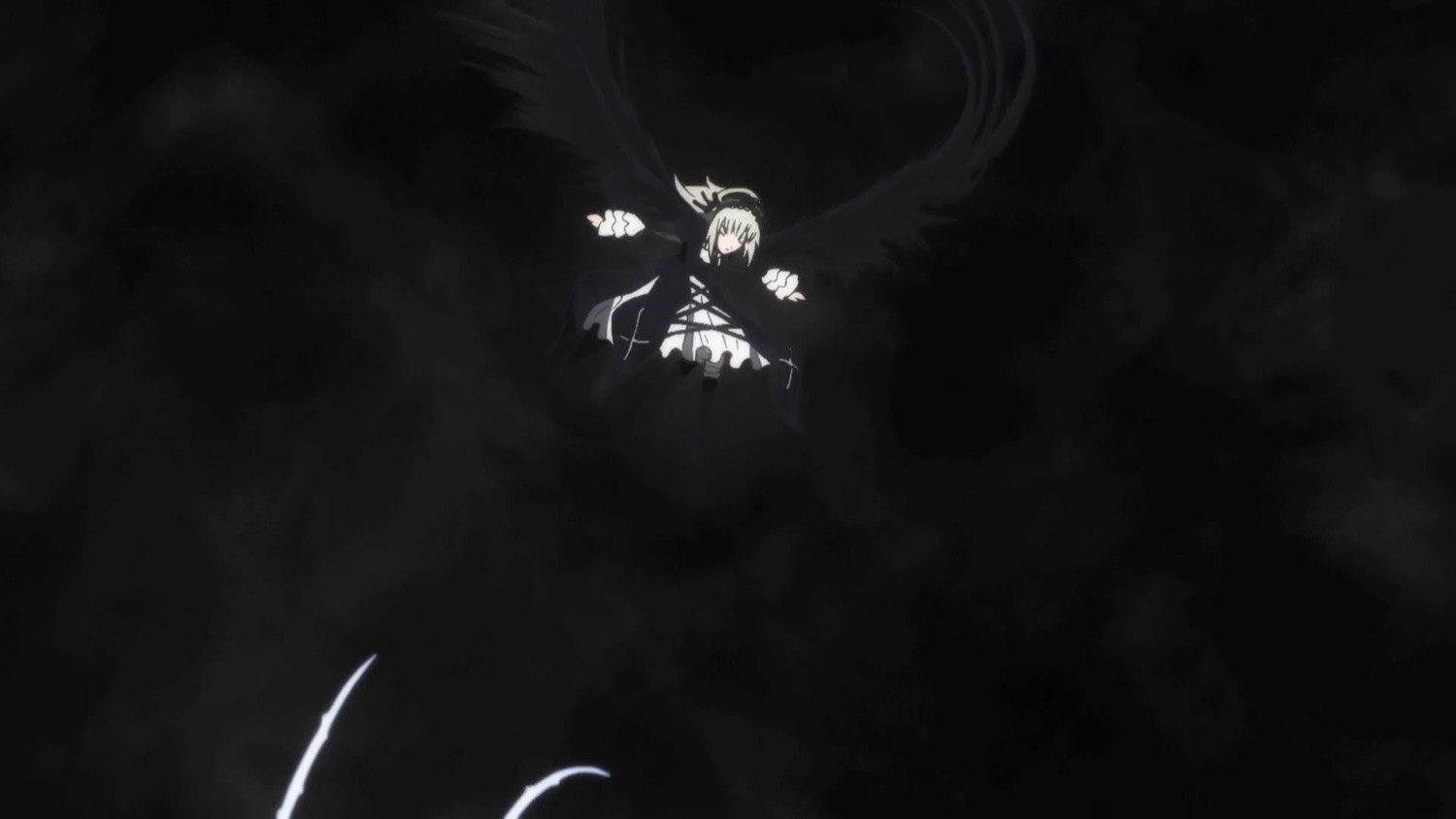 1girl dress feathers flower image long_hair monochrome solo suigintou wings