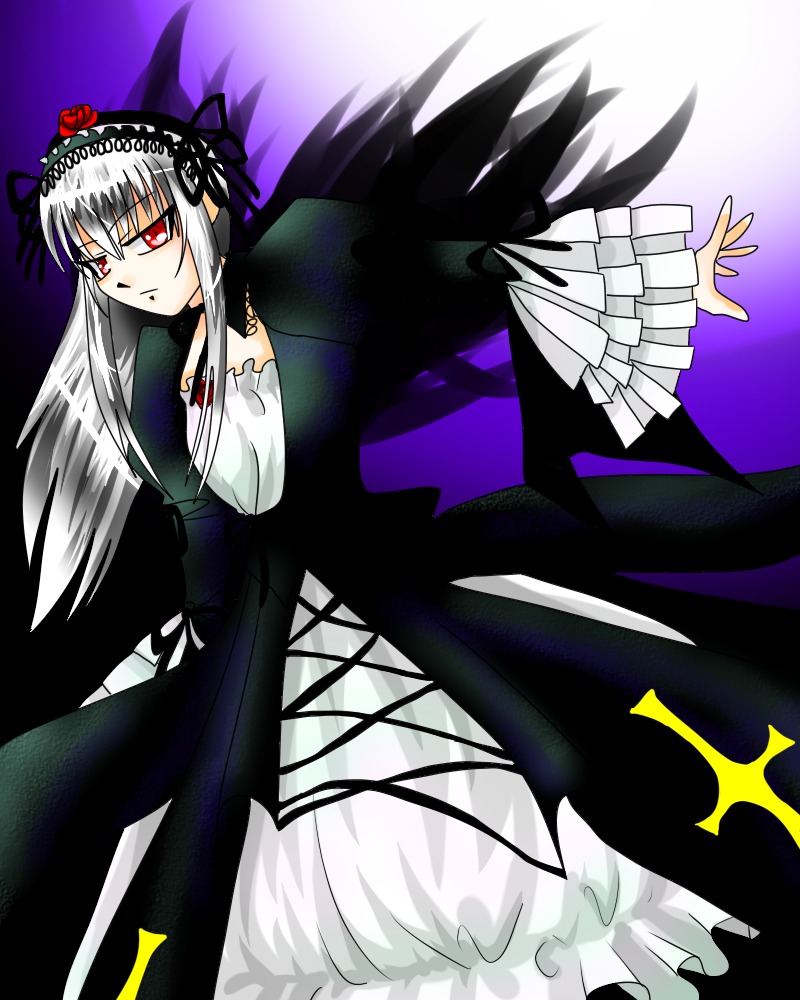 1girl black_dress black_ribbon black_wings dress flower frills hairband image long_hair long_sleeves looking_at_viewer red_eyes rose silver_hair solo suigintou wings