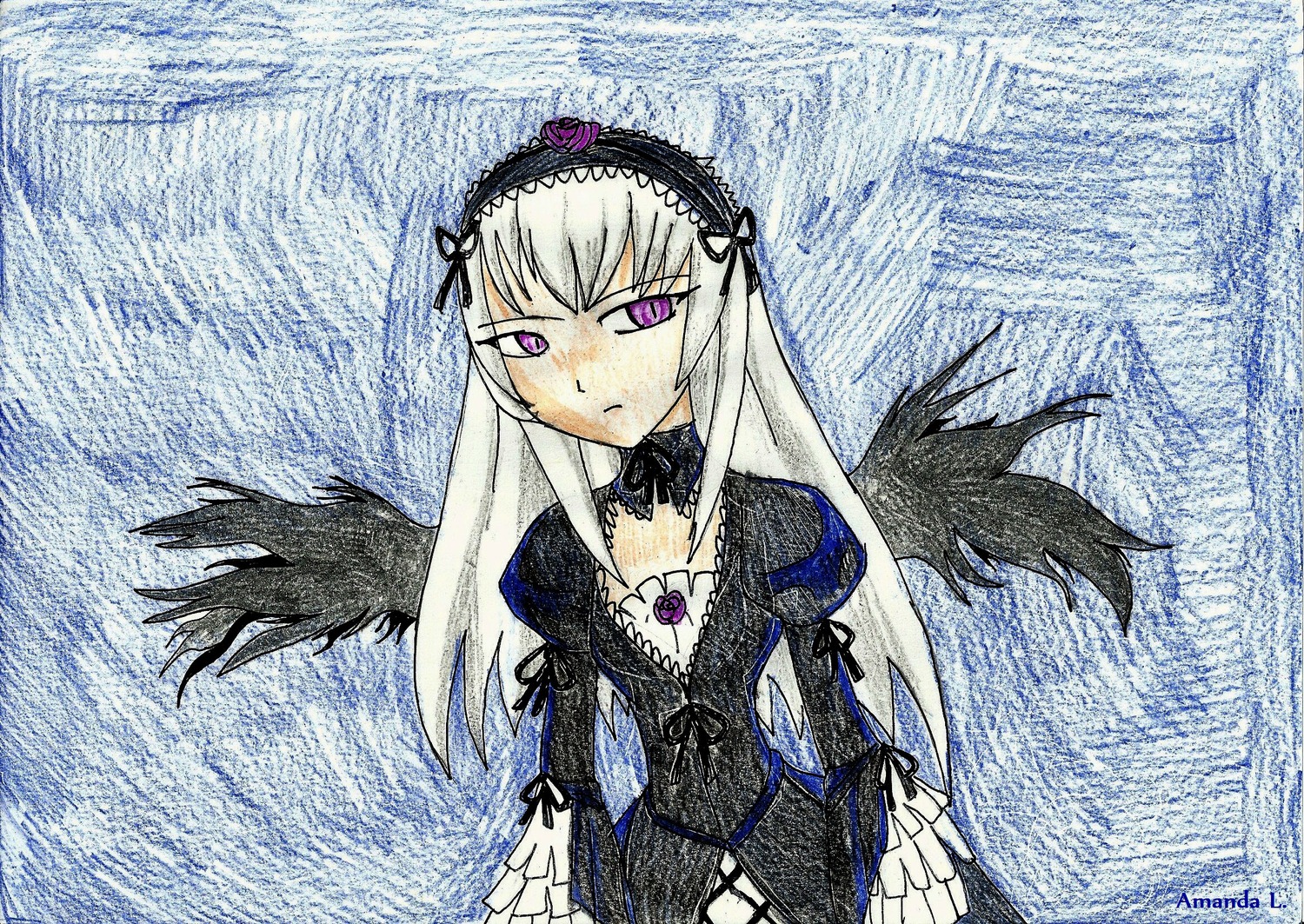 1girl auto_tagged black_wings detached_collar dress feathers flower frilled_sleeves frills hairband image long_hair long_sleeves looking_at_viewer pink_eyes puffy_sleeves silver_hair solo suigintou wings