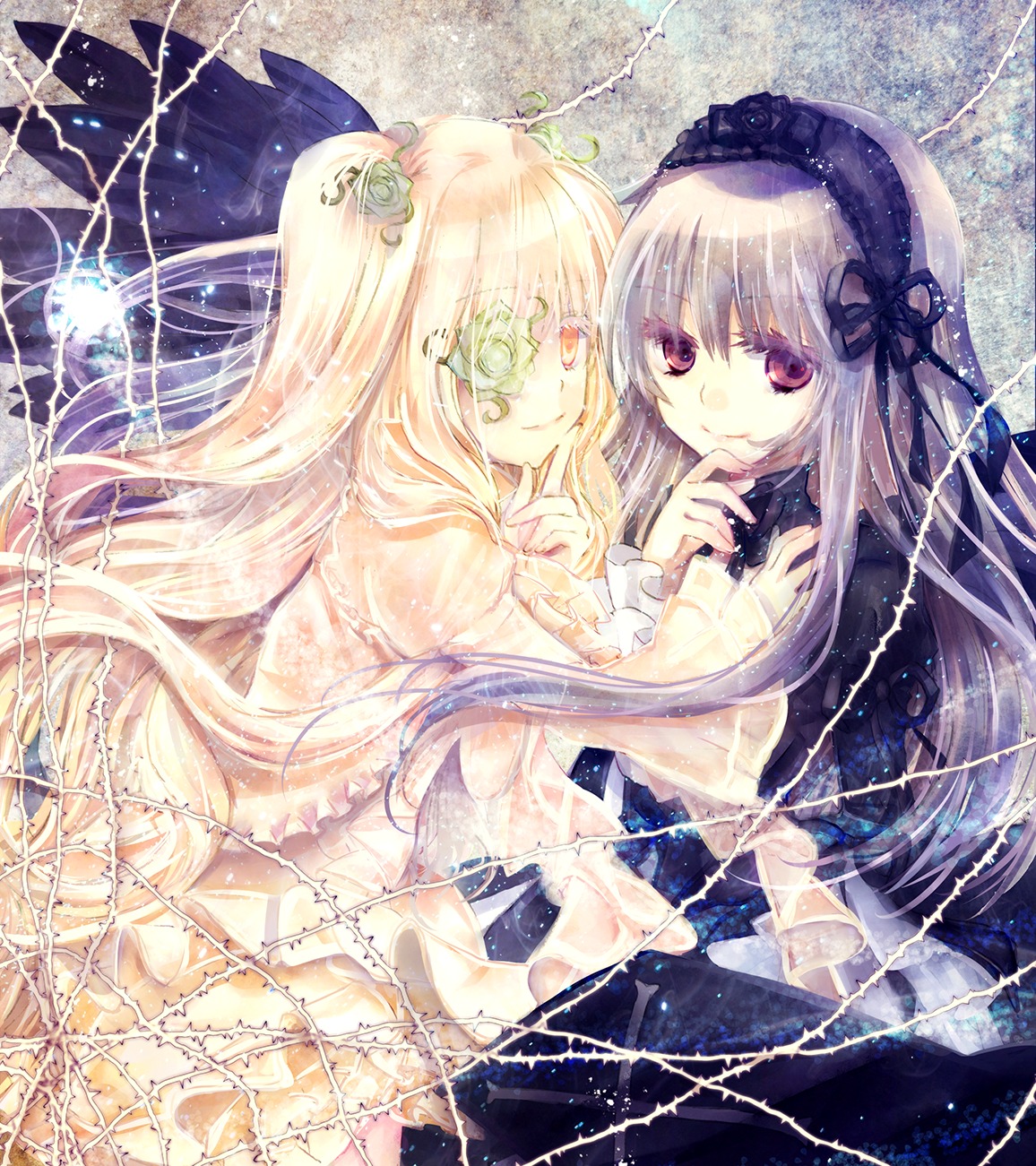 2girls black_wings blonde_hair dress flower frills hairband image joints kirakishou long_hair long_sleeves looking_at_viewer multiple_girls pair red_eyes rose shinku siblings silver_hair smile suigintou very_long_hair wings