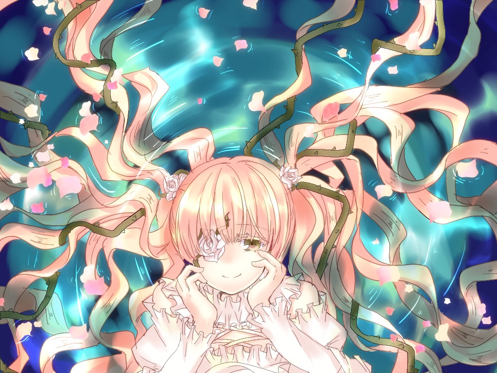 1girl flower gradient_hair hair_flower hair_ornament hatsune_miku image kirakishou long_hair multicolored_hair petals pink_hair smile solo twintails very_long_hair yellow_eyes