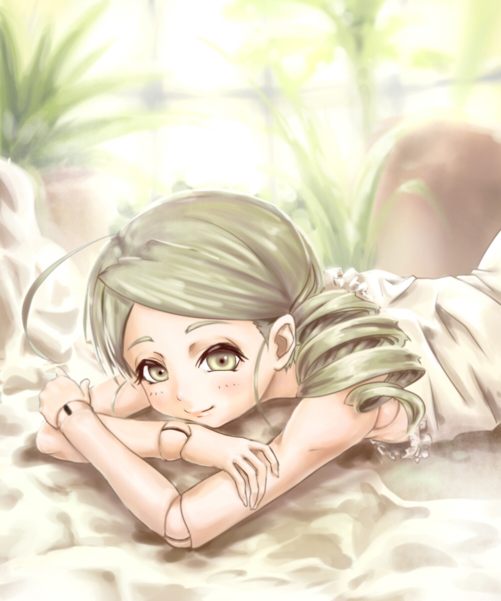 1girl ahoge bed blush doll_joints drill_hair image joints kanaria long_hair looking_at_viewer lying on_bed on_stomach pillow plant smile solo