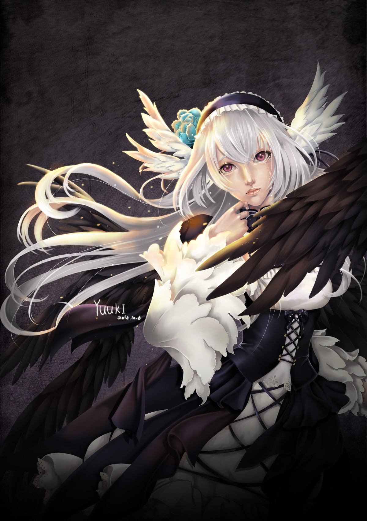 1girl black_wings breasts dress feathers flower hairband image long_hair solo suigintou white_hair wings