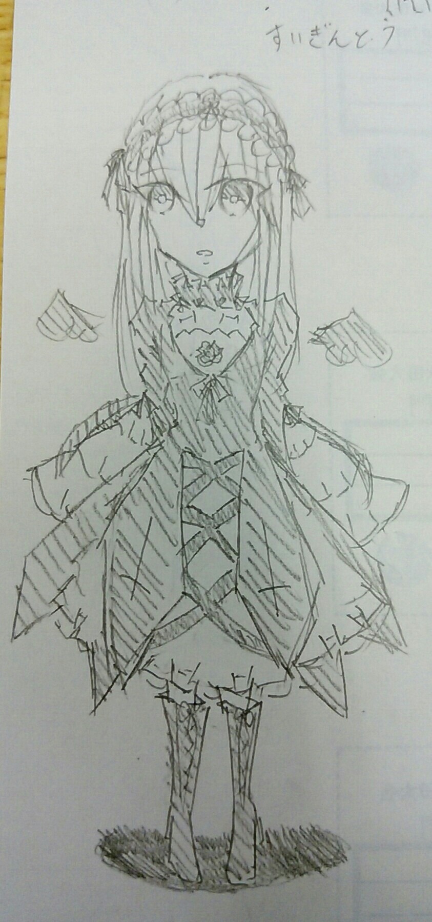 1girl bangs boots dress eyebrows_visible_through_hair full_body hair_between_eyes image long_hair long_sleeves looking_at_viewer monochrome open_mouth ribbon sketch solo standing suigintou traditional_media wide_sleeves
