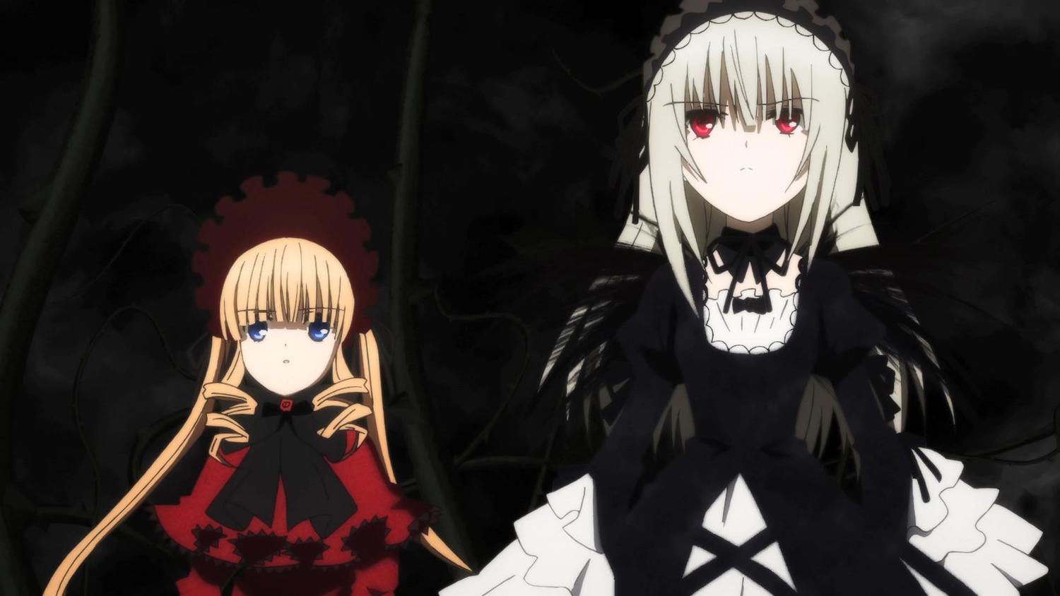 2girls blonde_hair blue_eyes bow dress expressionless frills image long_hair long_sleeves looking_at_viewer multiple_girls pair red_eyes shinku silver_hair suigintou twintails wings