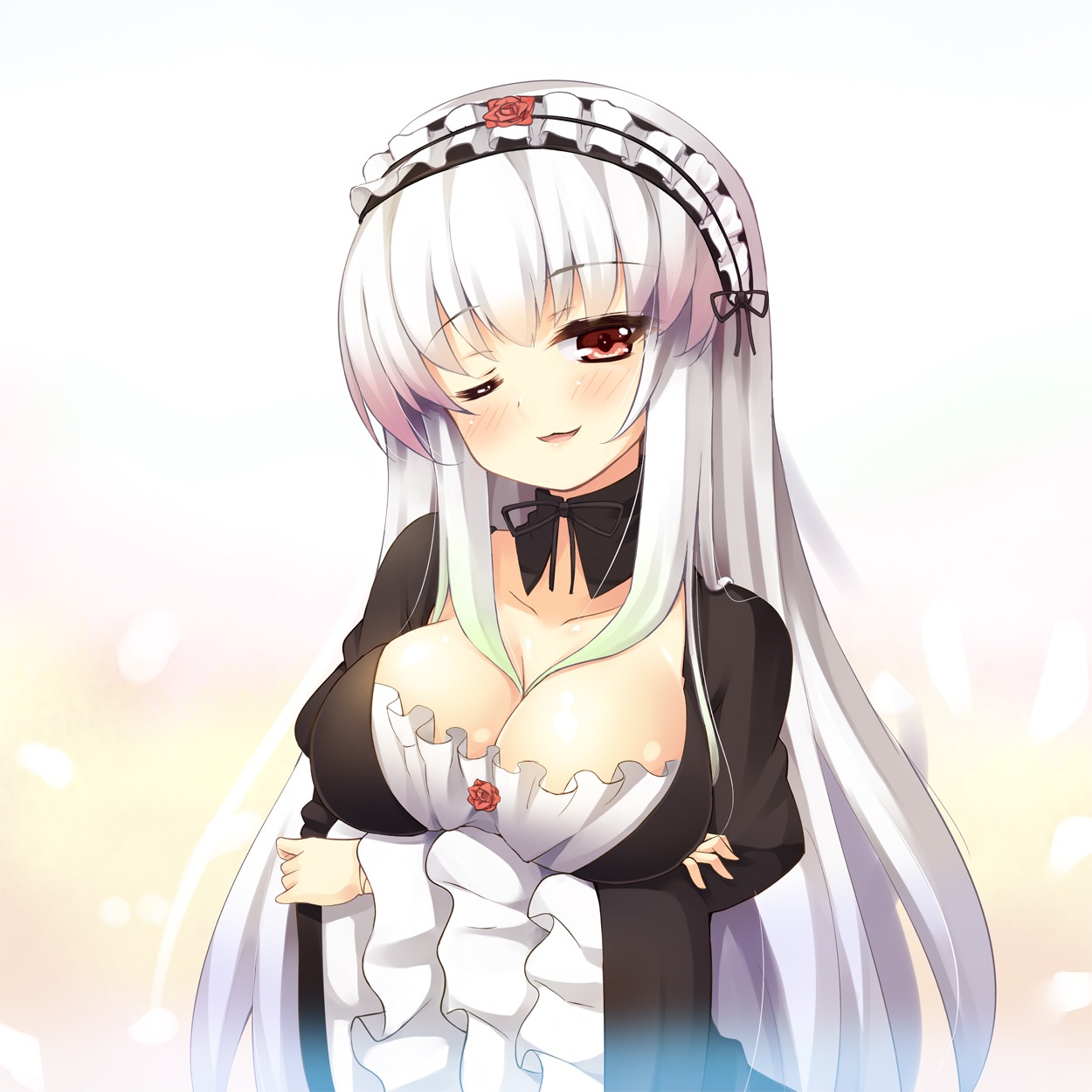 1girl ;) areola_slip areolae asa_(swallowtail) blush breast_hold breasts cleavage commentary_request crossed_arms dress frills hairband highres image large_breasts lolita_hairband long_hair long_sleeves looking_at_viewer one_eye_closed photoshop_(medium) red_eyes rozen_maiden silver_hair smile solo suigintou white_background