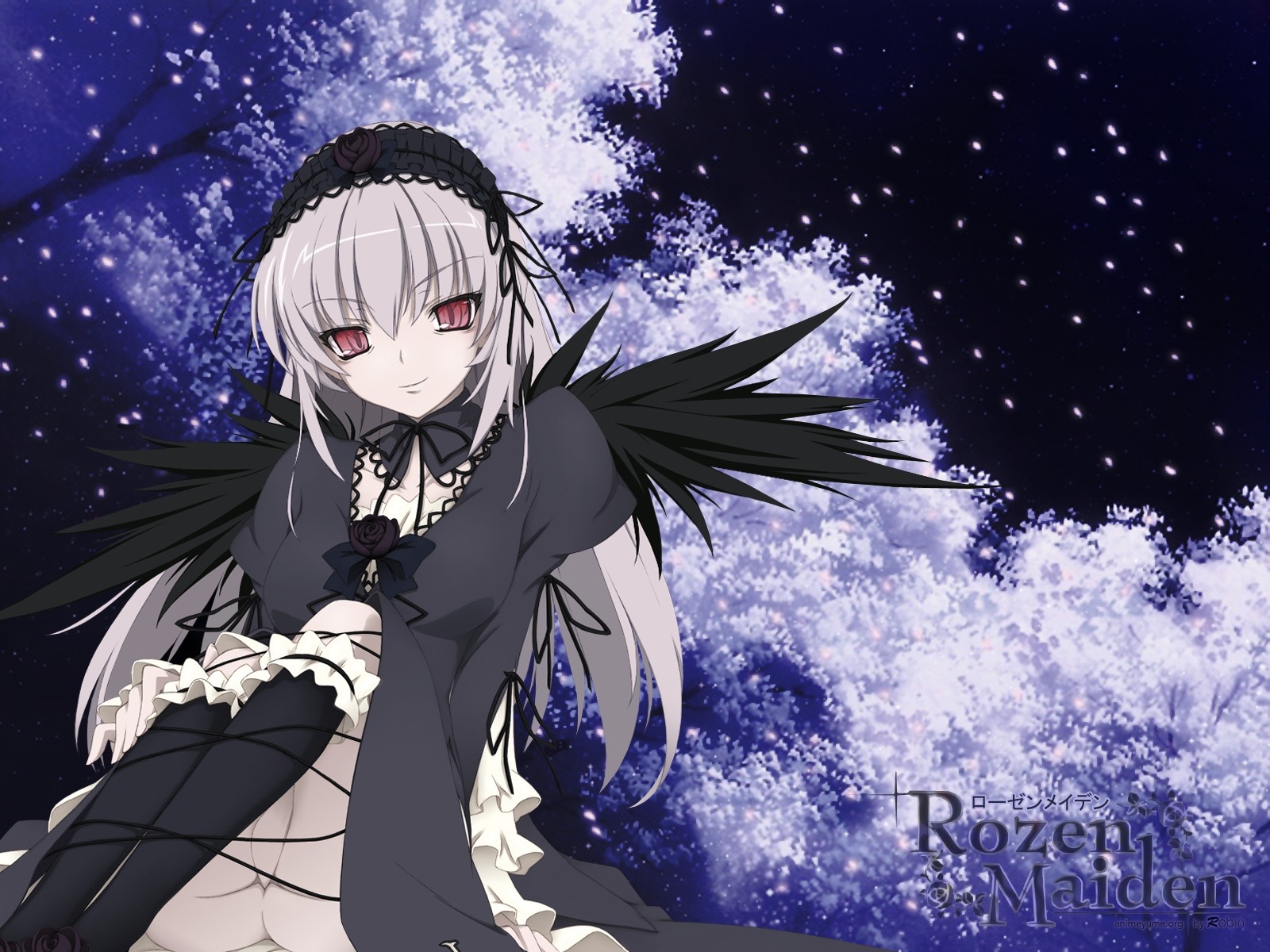 1girl black_dress black_wings dress flower frills hairband image long_hair long_sleeves looking_at_viewer night night_sky red_eyes silver_hair sky solo star_(sky) starry_sky suigintou wings