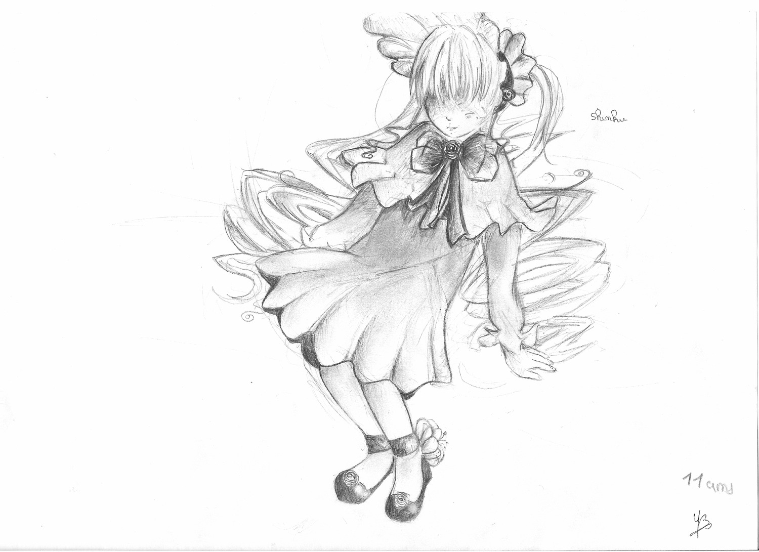 1girl blush bow capelet dress full_body greyscale image long_hair monochrome shinku signature solo traditional_media very_long_hair