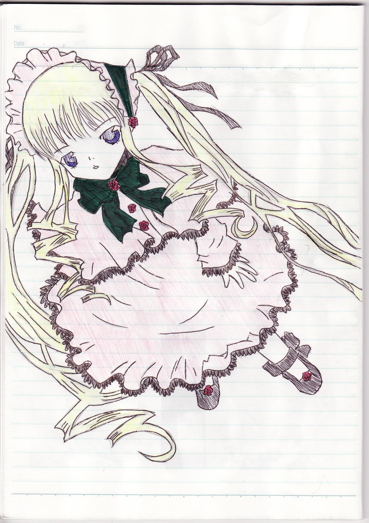 1girl blonde_hair blue_eyes bow dress drill_hair frills full_body image long_hair long_sleeves looking_at_viewer rose shinku shoes solo twintails very_long_hair