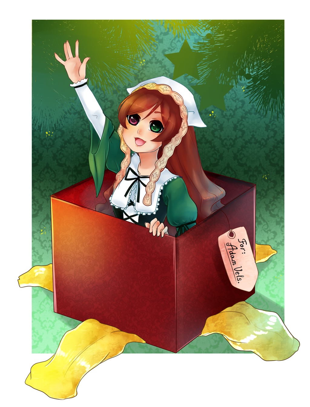 1girl :d box brown_hair cardboard_box dress frills green_eyes heterochromia image in_box in_container long_hair long_sleeves open_mouth red_eyes smile solo suiseiseki