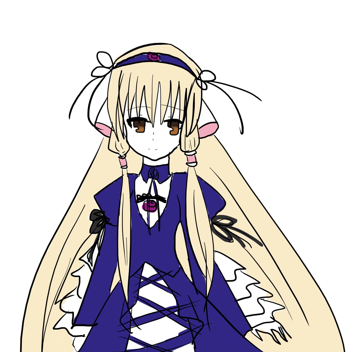 1girl bangs blonde_hair blue_dress brown_eyes closed_mouth dress eyebrows_visible_through_hair hair_ribbon hairband image long_hair long_sleeves looking_at_viewer purple_dress ribbon sidelocks simple_background solo suigintou very_long_hair white_background