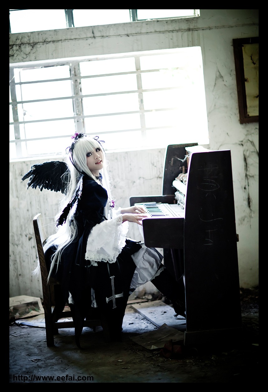 1girl dress feathers flower hair_ornament indoors letterboxed long_hair silver_hair solo suigintou window wings