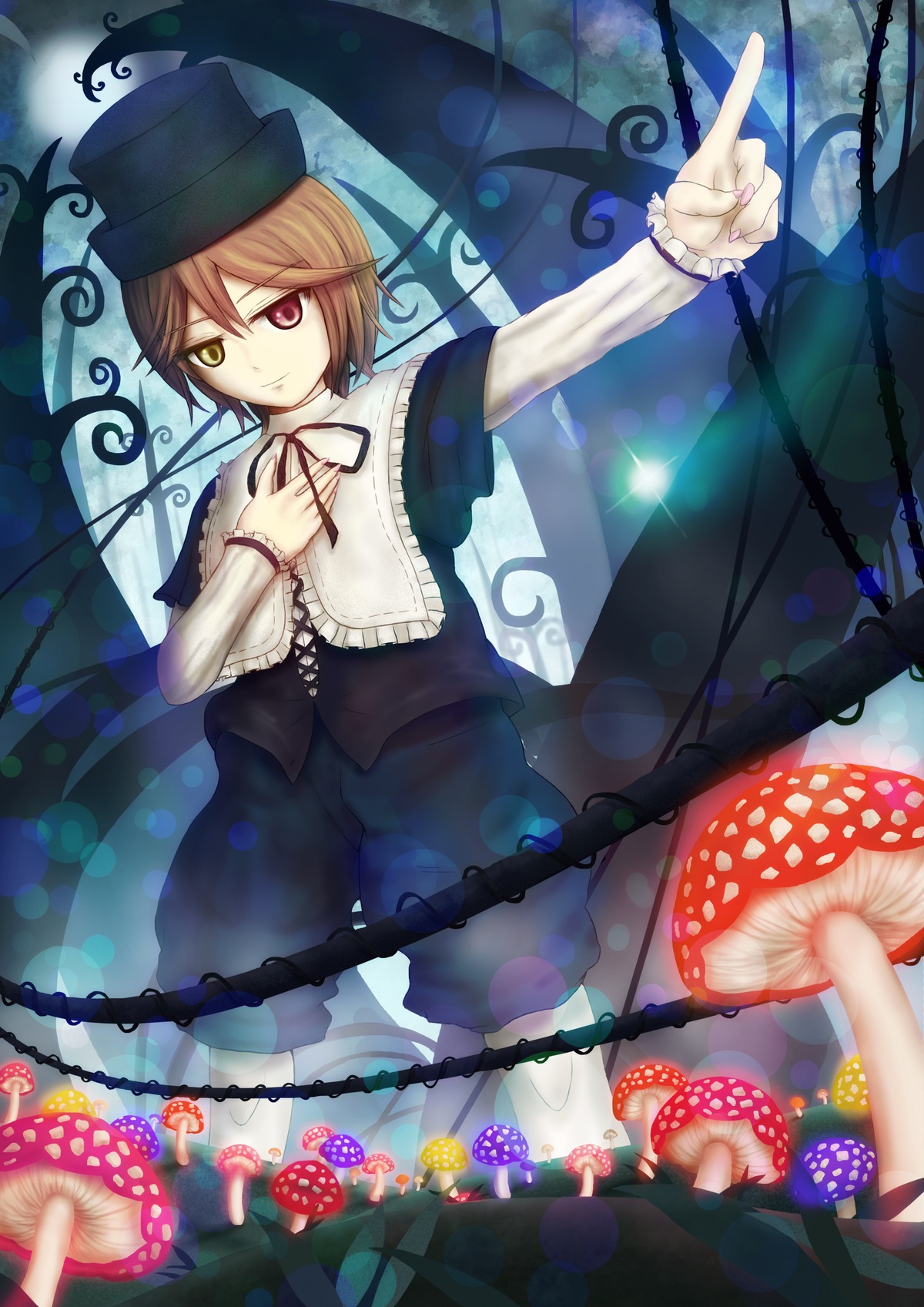1girl brown_hair dress frills hat heterochromia image index_finger_raised long_sleeves looking_at_viewer outstretched_arm pointing red_eyes ribbon short_hair solo souseiseki suiseiseki top_hat