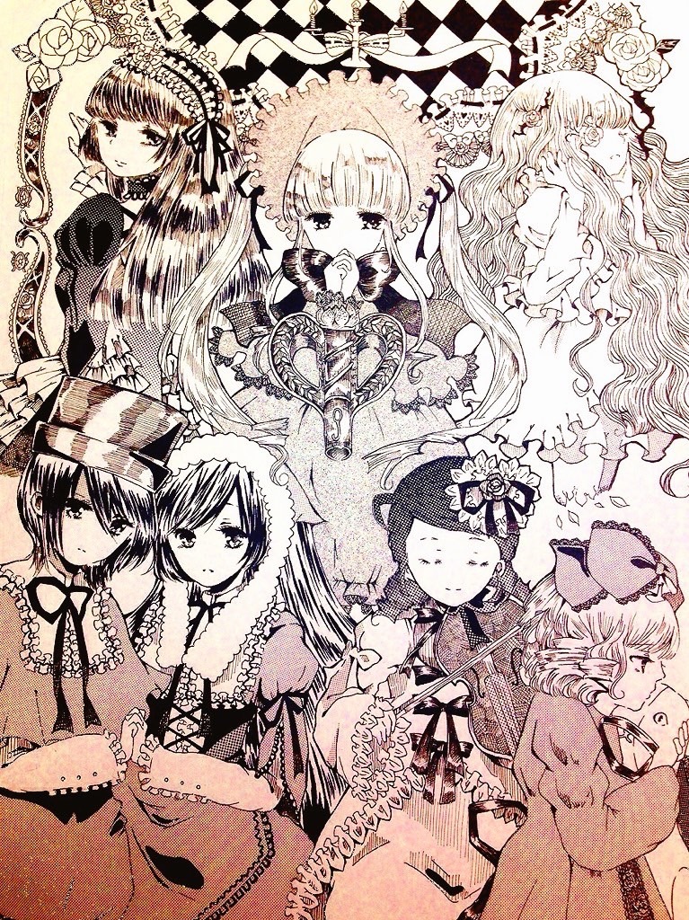 6+girls argyle argyle_background argyle_legwear bonnet bow checkered checkered_background checkered_floor checkered_kimono chess_piece closed_eyes dress flower hair_ornament hat hina_ichigo holding_hands image kanaria lolita_fashion long_hair monochrome multiple multiple_girls ribbon rose shinku short_hair souseiseki suigintou suiseiseki tagme top_hat twintails