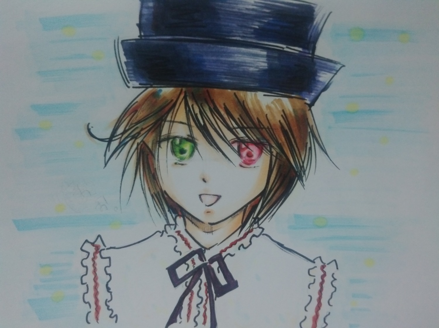 1girl :d brown_hair confetti frilled_shirt_collar green_eyes hat heterochromia image looking_at_viewer open_mouth red_eyes short_hair smile solo souseiseki traditional_media