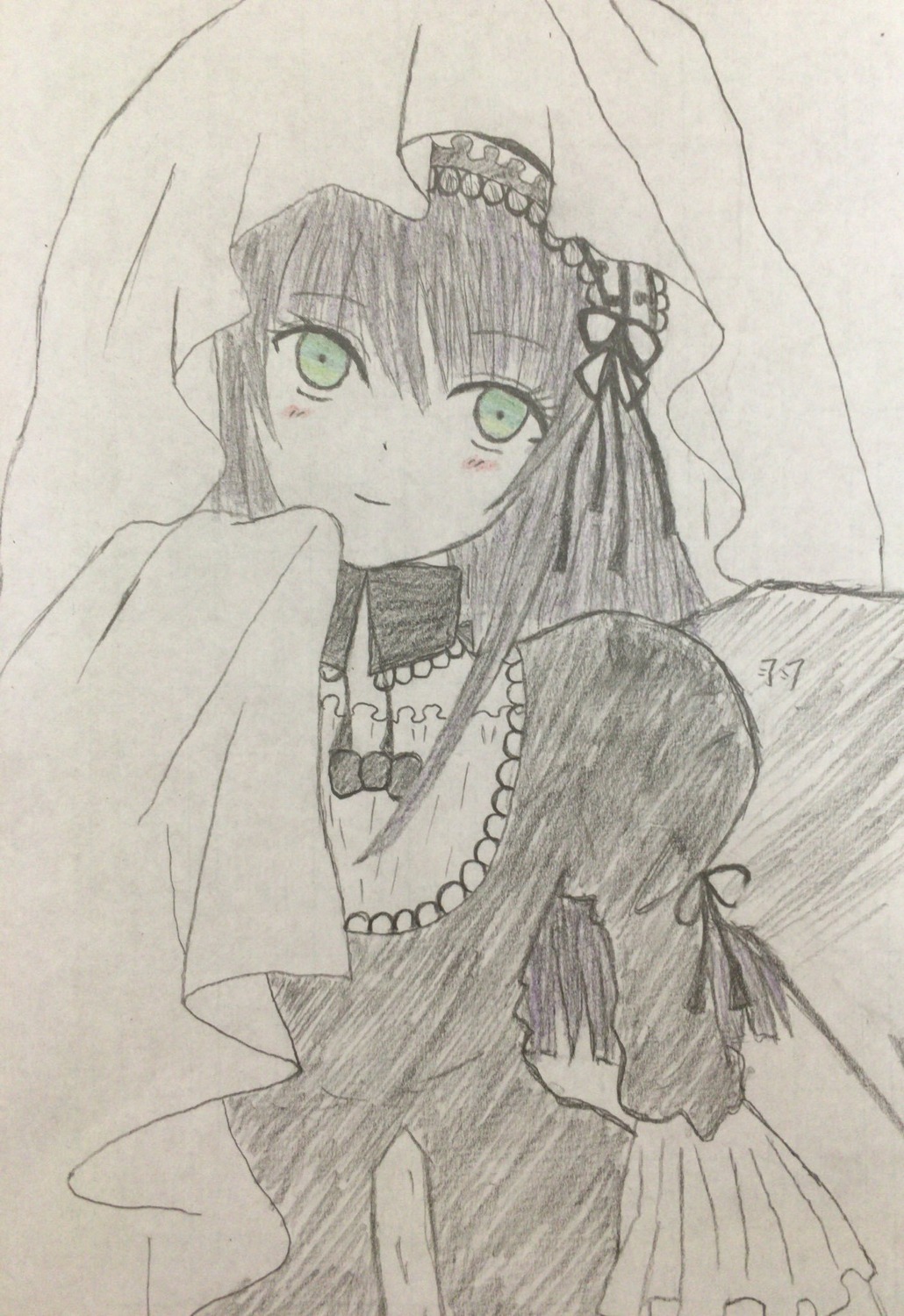 1girl bangs bridal_veil dress green_eyes image jewelry long_sleeves looking_at_viewer monochrome navel necklace smile solo suigintou traditional_media veil