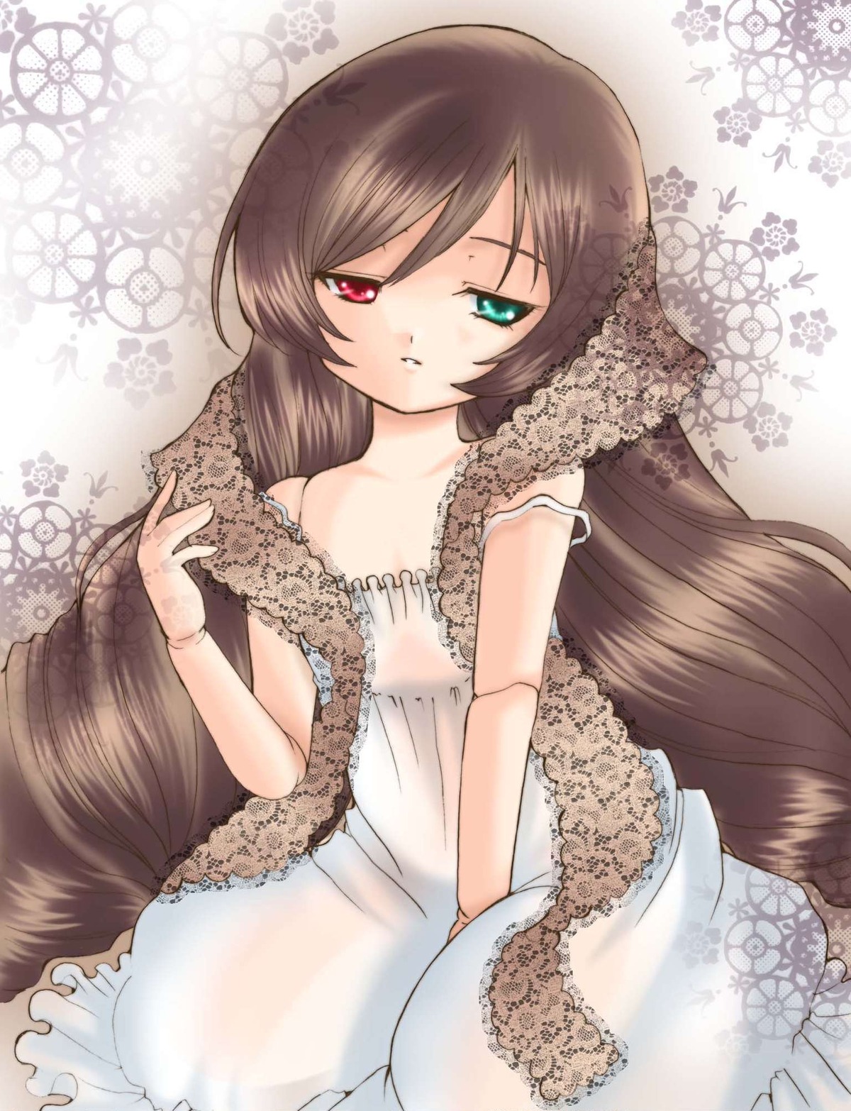 1girl bangs bare_shoulders brown_hair dress floral_background green_eyes heterochromia image lace long_hair looking_at_viewer red_eyes sleeveless_dress solo souseiseki strap_slip suiseiseki very_long_hair white_dress