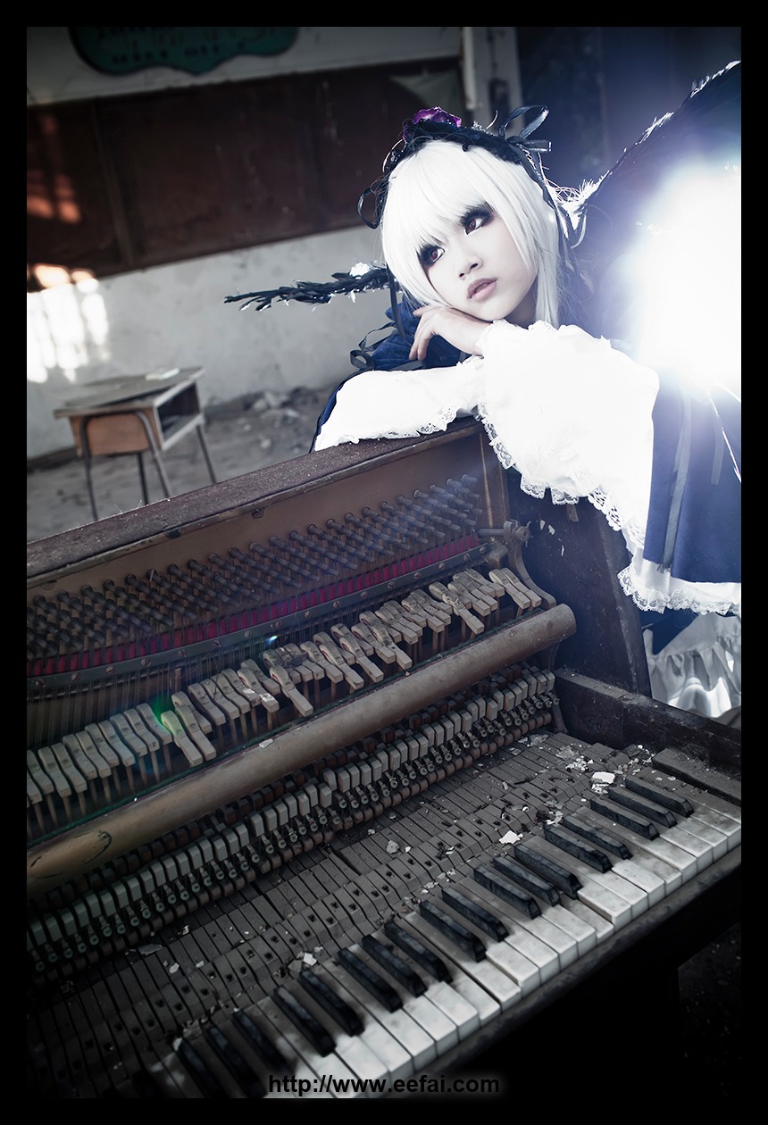 1girl black_border border dress frills hairband instrument letterboxed lolita_hairband piano pillarboxed playing_instrument silver_hair solo suigintou