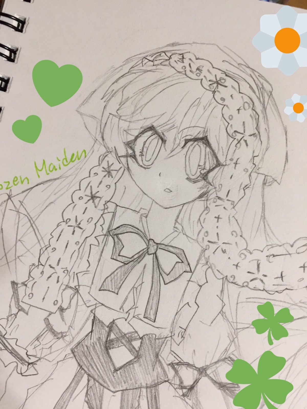 1girl braid dress frills heart image long_hair long_sleeves looking_at_viewer monochrome puffy_sleeves solo suiseiseki traditional_media veil