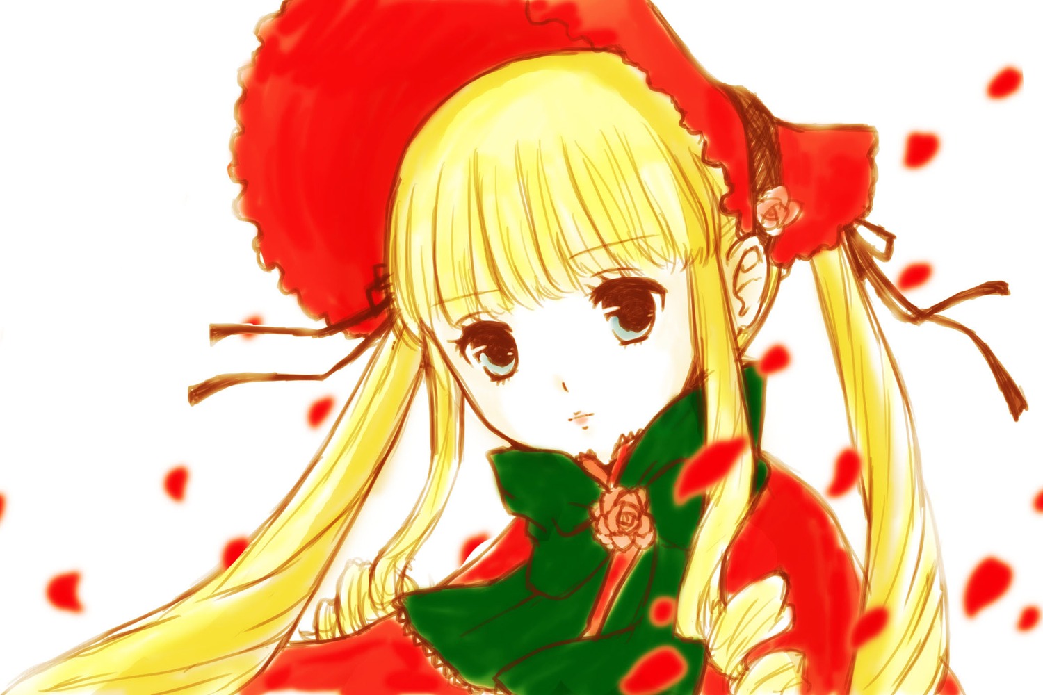 1girl blonde_hair blue_eyes bonnet bow bowtie drill_hair flower green_bow image long_hair looking_at_viewer petals rose rose_petals shinku sidelocks simple_background solo twintails white_background