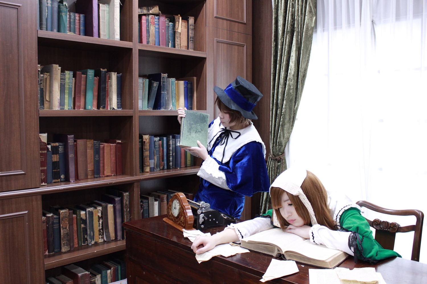 1boy 1girl book book_stack bookshelf brown_hair hat indoors library long_hair multiple_cosplay open_book ribbon sitting tagme