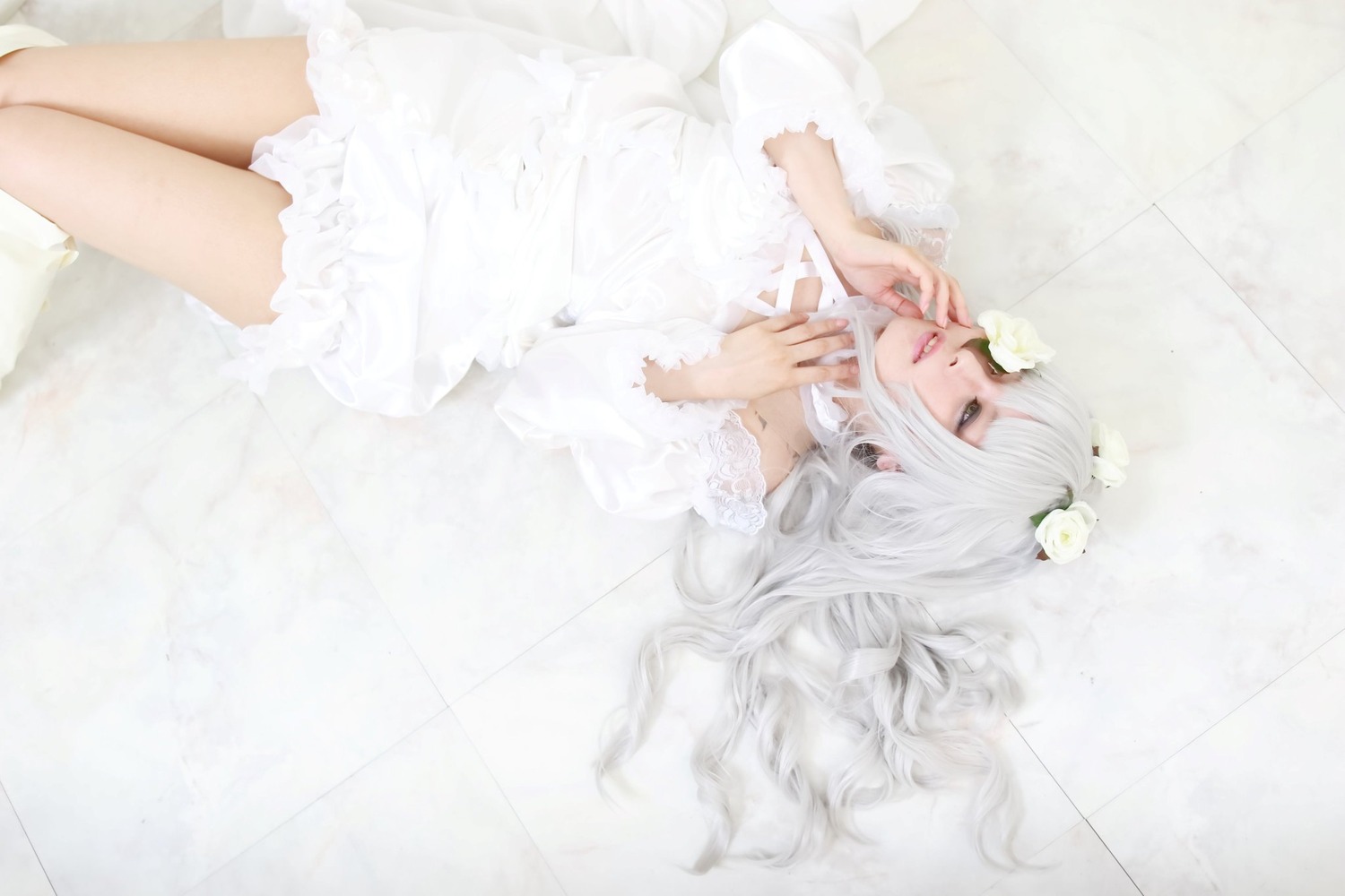 1girl bird dress kirakishou long_hair long_sleeves lying on_back solo striped tile_floor tiles vertical_stripes white_dress white_hair white_theme