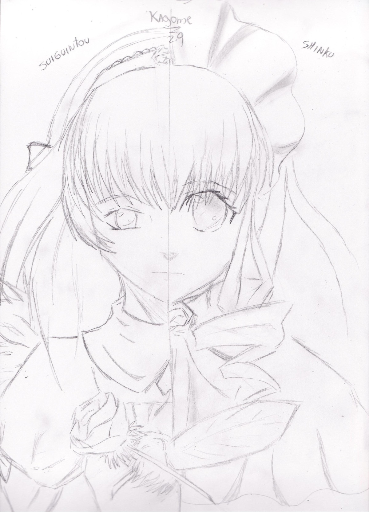 1girl :t akemi_homura blush drill_hair greyscale image long_hair looking_at_viewer monochrome pair pout shinku sketch solo suigintou twin_drills