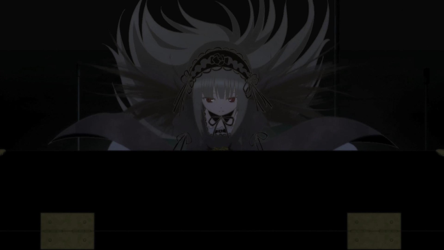 1girl bangs black_background black_ribbon closed_mouth dress frills hairband image long_hair looking_at_viewer red_eyes ribbon solo suigintou very_long_hair