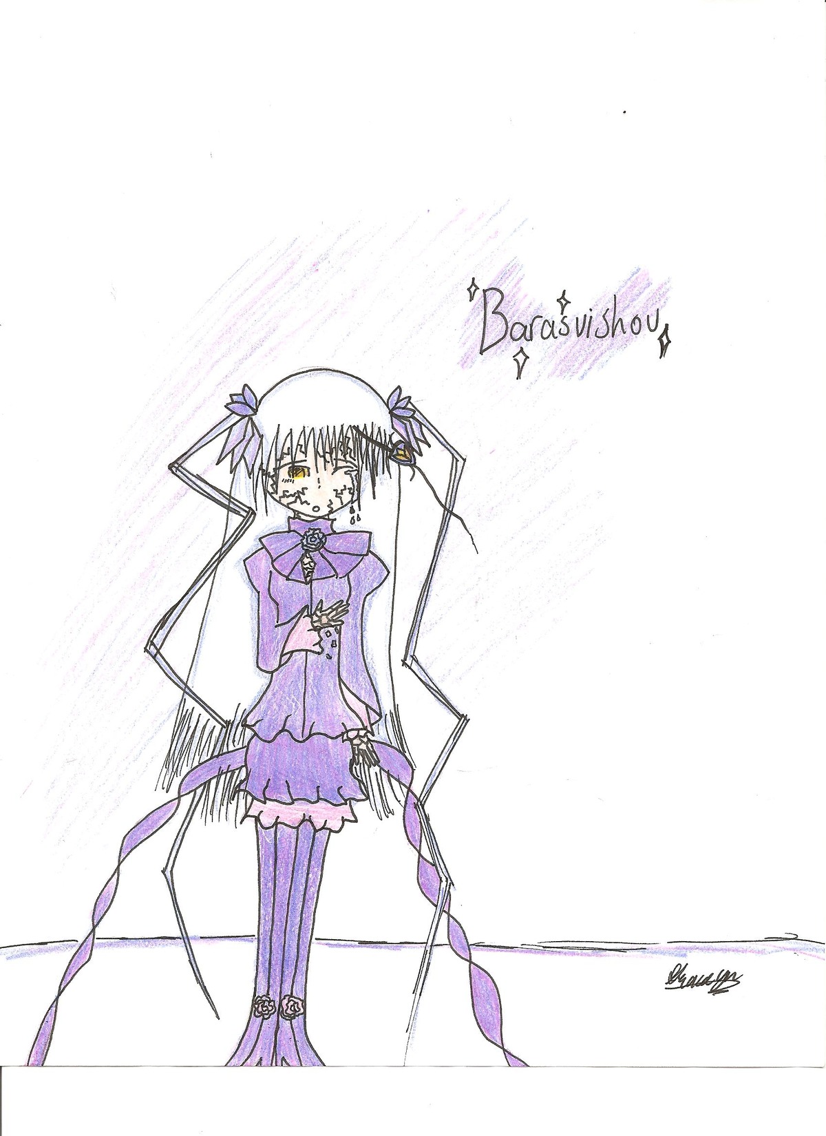 1girl auto_tagged barasuishou blush dress hair_ribbon image long_hair long_sleeves purple_legwear purple_theme ribbon skirt solo standing striped striped_legwear thighhighs twintails vertical_stripes very_long_hair yellow_eyes