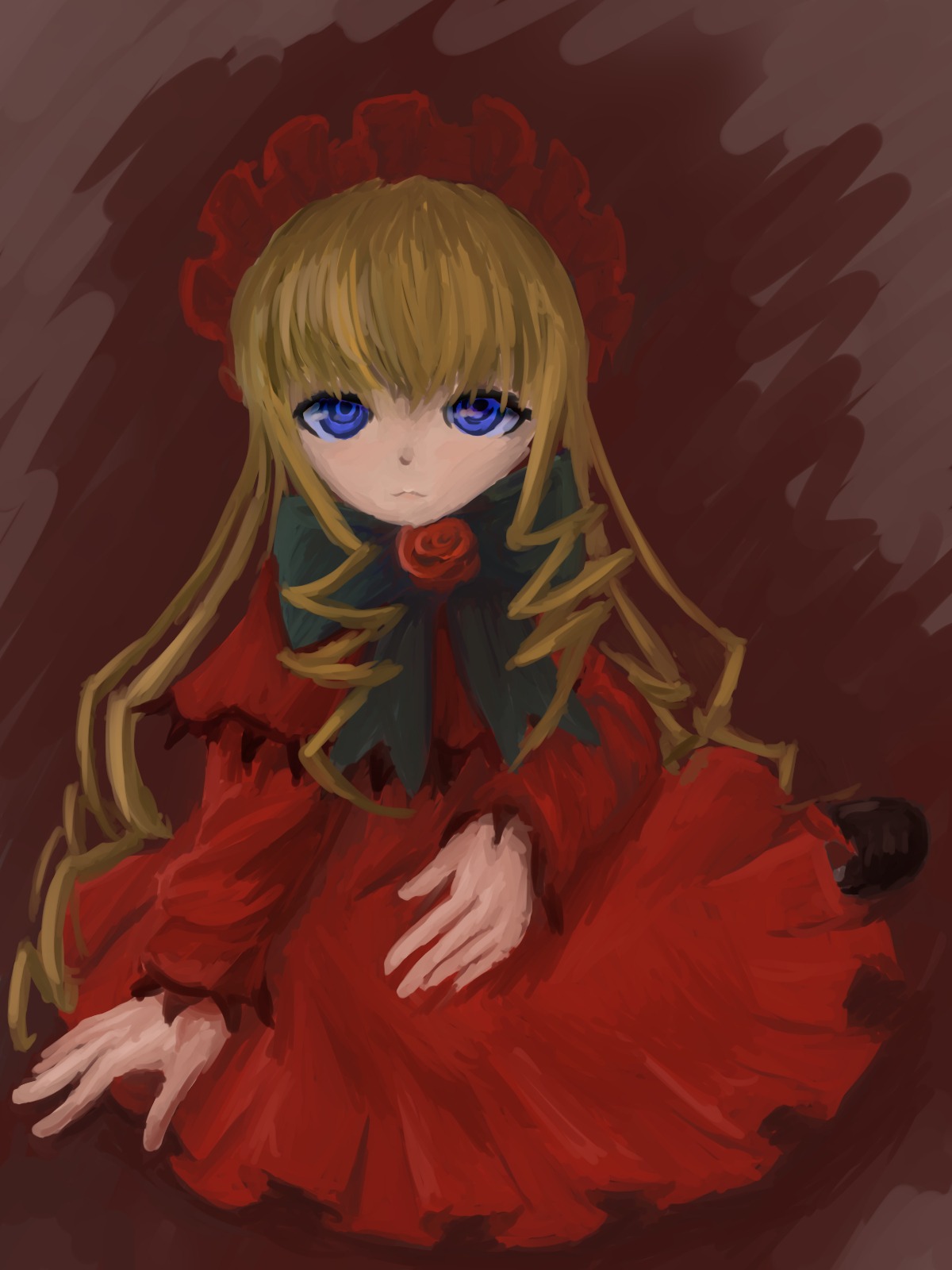 1girl blonde_hair blue_eyes bonnet bow bowtie dress drill_hair flower image long_hair long_sleeves looking_at_viewer red_dress rose shinku sitting solo