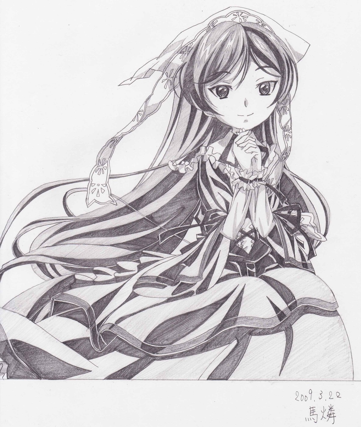 1girl dress frills greyscale image long_hair long_sleeves looking_at_viewer monochrome smile solo suiseiseki traditional_media very_long_hair